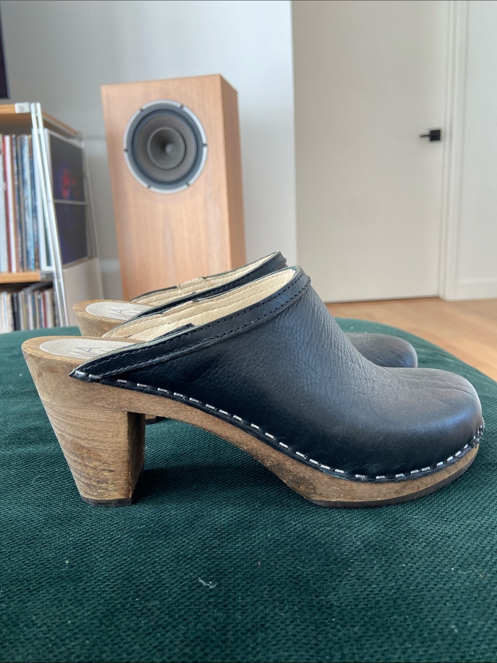 Women’s Black Leather Clog Mules with Wood-Look Heel